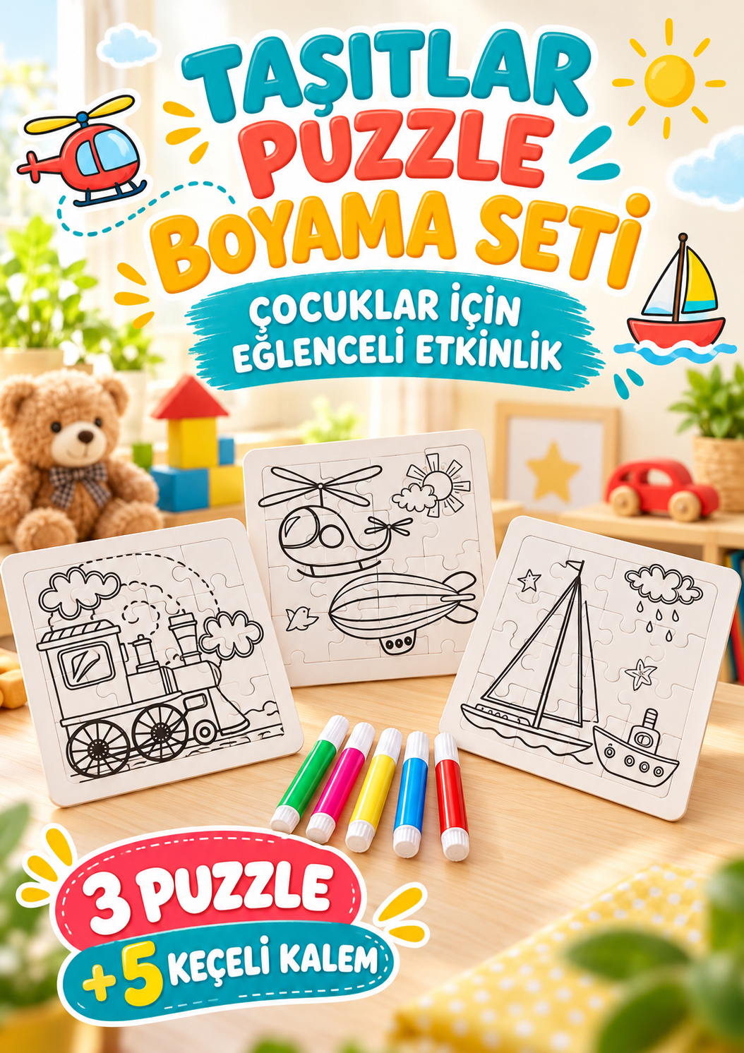 Taşıtlar Puzzle Boyama - Çocuklar İçin Boyama Seti